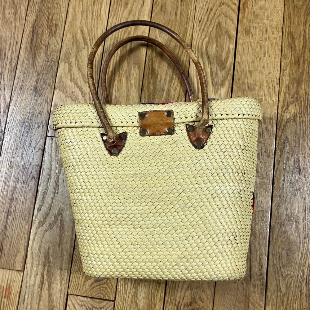 Vintage Straw Woven Tote Bag Floral Feather Embroidery‎ Top Handle Clutch - Picture 2 of 9